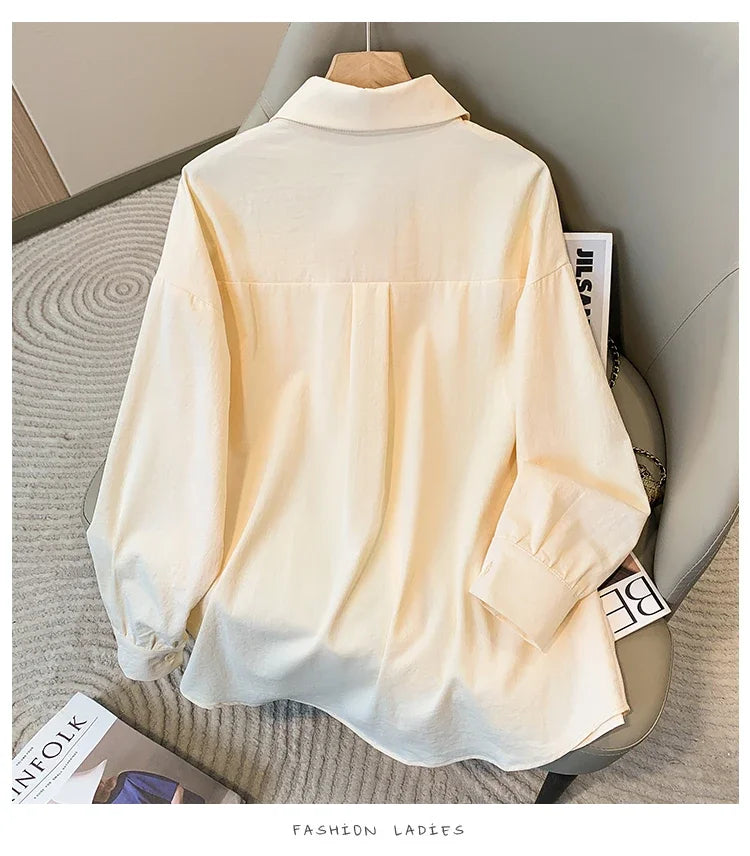 Plus Size Women's Blouses 2025 Spring Autumn Simple Lady Shirts Long Sleeve Big Pockets Shirt Loose Casual Tops.