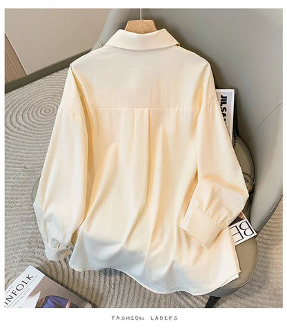 Plus Size Women's Blouses 2025 Spring Autumn Simple Lady Shirts Long Sleeve Big Pockets Shirt Loose Casual Tops.