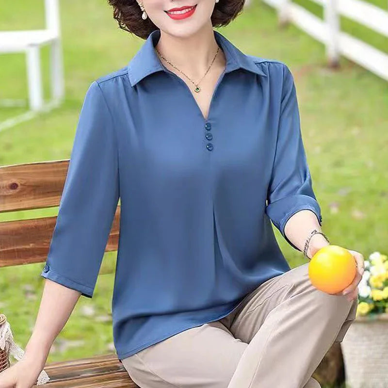 1pcs Woman Summer Solid Blouses Shirt Lady Thin Pullover Shirt Female Casual Half Sleeve Turn-down Collar Loose Top Mom Clothing.