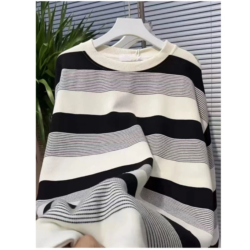 Vintage Striped Thin Hoodies Sweatshirts Spring Autumn Long Sleeve Loose Lazy Style Pullovers Top Casual Fashion Women Clothing.