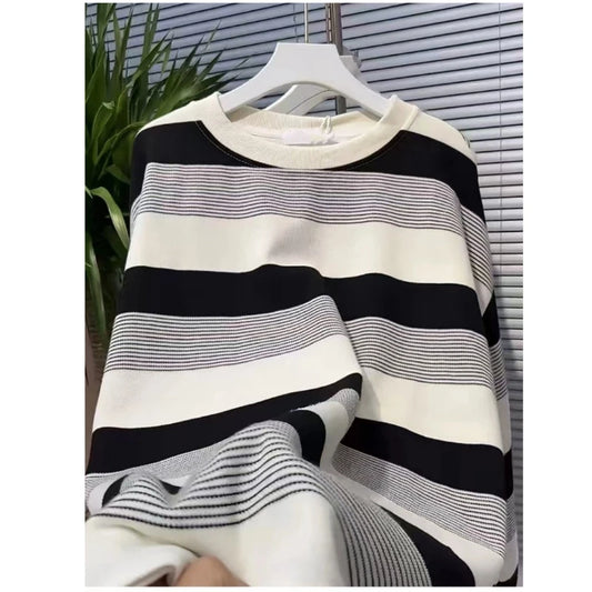 Vintage Striped Thin Hoodies Sweatshirts Spring Autumn Long Sleeve Loose Lazy Style Pullovers Top Casual Fashion Women Clothing.