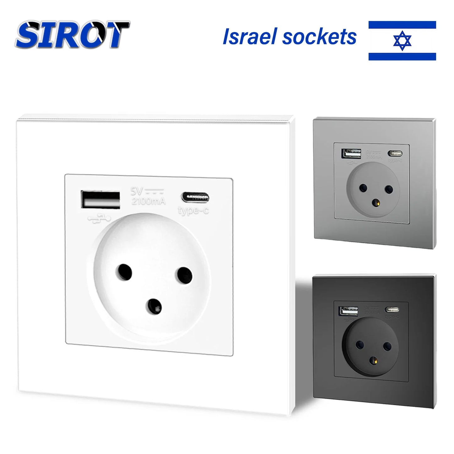 SIROT Israelische Steckdose mit USB Typ C, 86 mm flammhemmendes PC-Panel, AC 230 V 50 Hz, israelische Standard-Wandsteckdose, Weiß, Schwarz, Grau.