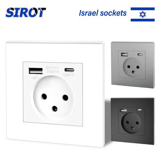 SIROT Israelische Steckdose mit USB Typ C, 86 mm flammhemmendes PC-Panel, AC 230 V 50 Hz, israelische Standard-Wandsteckdose, Weiß, Schwarz, Grau.