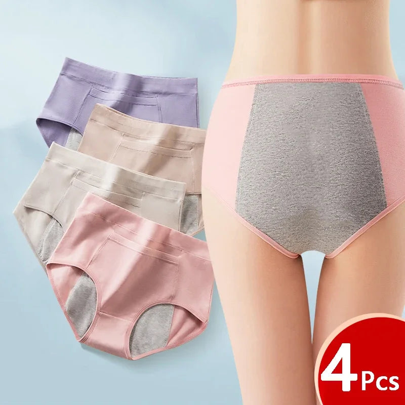 4 Pcs Women's Menstrual Period Panties High Waist Cotton Leak-Proof Underwear Absorbent Postpartum Post Surgery Period Underwear.
