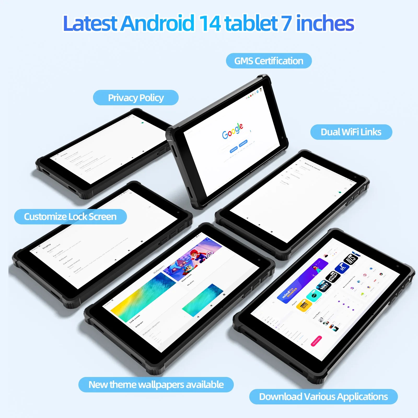 PRITOM Tablet 7" Android 14 Tablets, 8GB RAM(3+5GB Expand) 64GB ROM, A523 Octa-Core Processor, 5G WiFi+WiFi6, Dual Camera,Black.