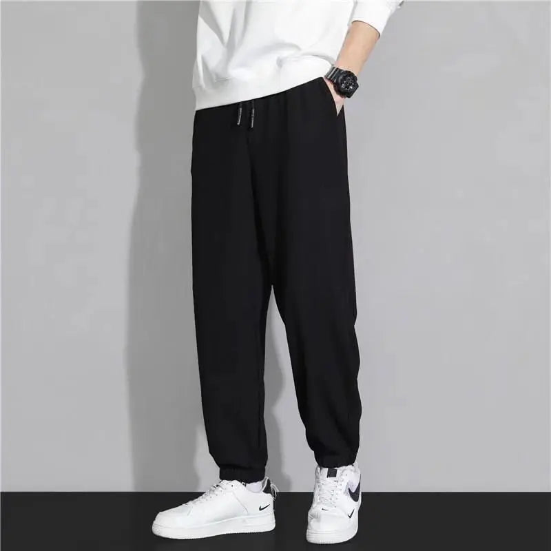 New men's high-quality solid-color sport pants - sport outfit - elastic waist - 2026 casual loose pants - black/grey - cotton jo.