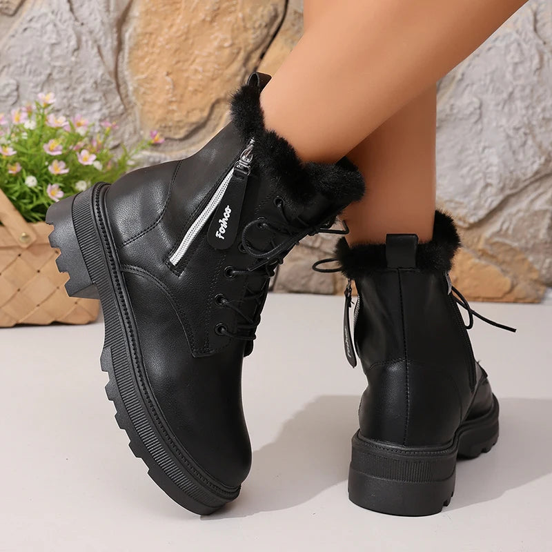 Women's Autumn Winter Ankle Boots Thick Sole Warm Plush Cotton Shoes Woman Fashion Black White Pu Leather Platform Botas Mujer.