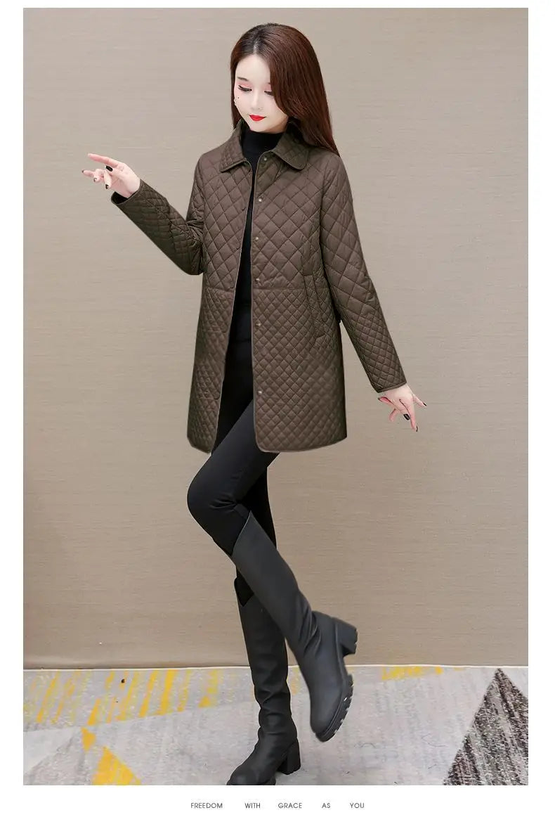 Herbst Winter Frauen Midi Plaid Stepp Mäntel Mode Weibliche Koreanische Kleidung Neue Feste Beiläufige Verdicken Warme Langarm Jacken.
