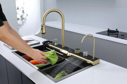 Golden Household Stainless Steel Waterfall Kitchen Sink MultiFunction Wash Vegetable and Dish Countertop Basin Large Single Slot