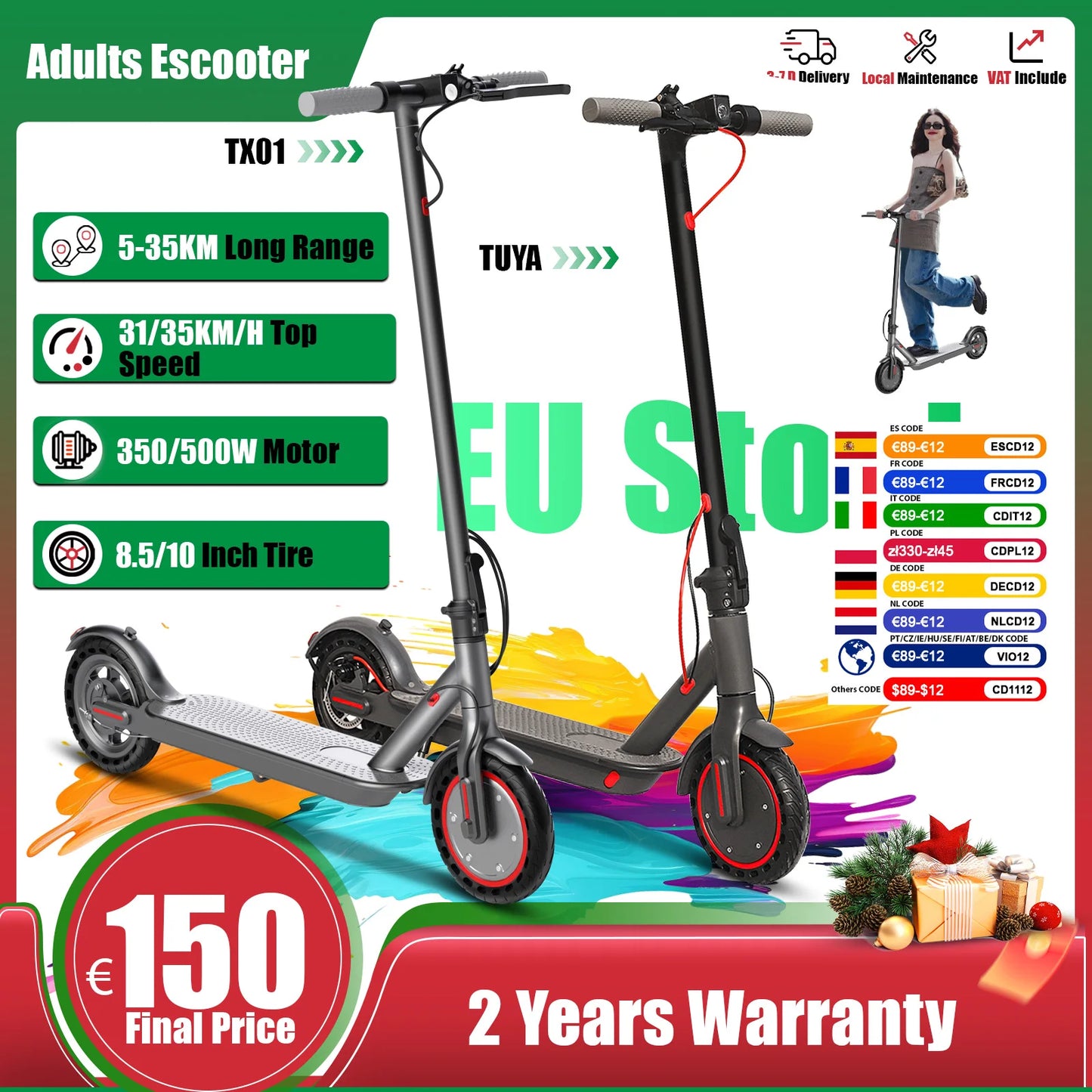 LADPED 350W Scooter Electric 36V Large Capacity Battery Folding Electric Kick Scooter with 8.5 Inch Explosion-proof Tire 31KM/H.