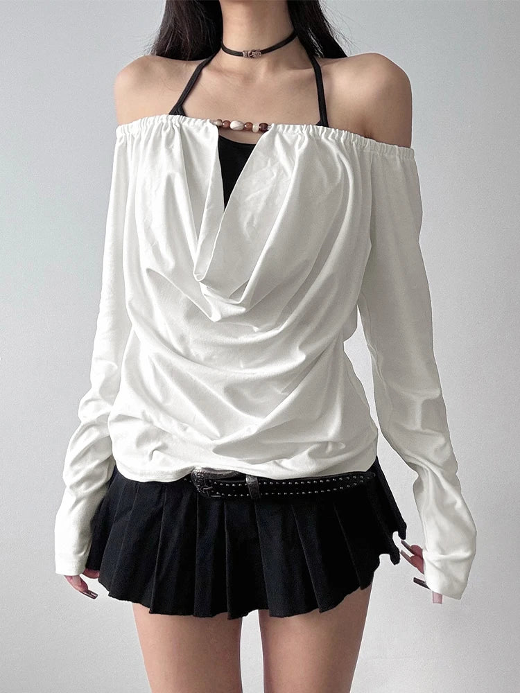 2025 Autumn Winter Women Korean Fake Two Pieces Slash Neck Top 2000s Long Sleeve T-Shirt Kpop Tees Y2k Design Coquette Gyaru New.