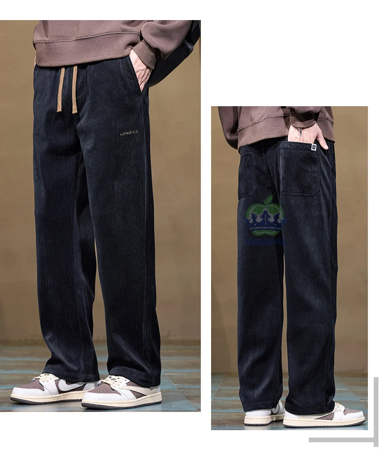 Autumn Winter Men's Corduroy Pants Elastic Waist Fashion Stretch Loose Straight Black Grey Thick Trousers Male Plus Size M-5xl.