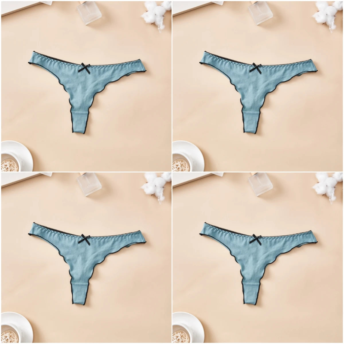 4pcs women's cotton solid color thong sexy comfortable women's underwear daily breathable T-back knitted bow cute girl low-waist