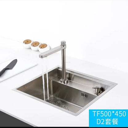 Hidden Stainless Steel Kitchen Sinks Modern Kitchen Accessories with Cover Kitchen Sink Dish Drainer Light Luxury Single Tank L