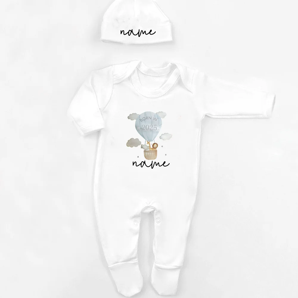 Personalisierter Schlafanzug, neues Baby-Geschenk, Safari-Babygrow, geboren im Jahr 2025, Geschenk zum Ausgehen, Outfit, individueller Baby-Strampler und Mütze.