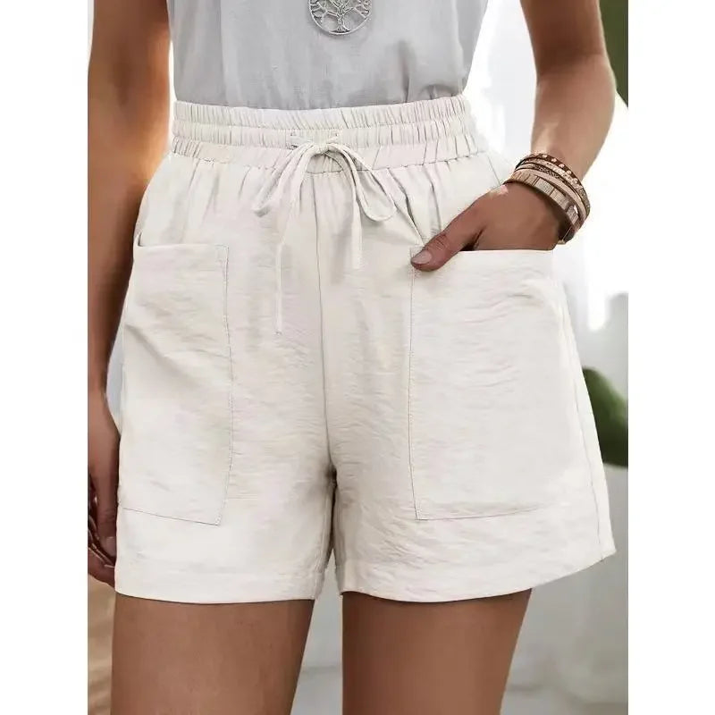 Women's High-waisted Loose-fit Solid Color Casual Shorts Pocket Bell Bottoms.