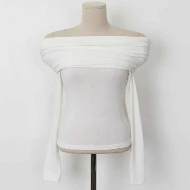 Korean Dongdaemun Spring Summer New Style Elegant One Shoulder Pleated Thin Long Sleeve Slimming Fit Cotton T-Shirt.
