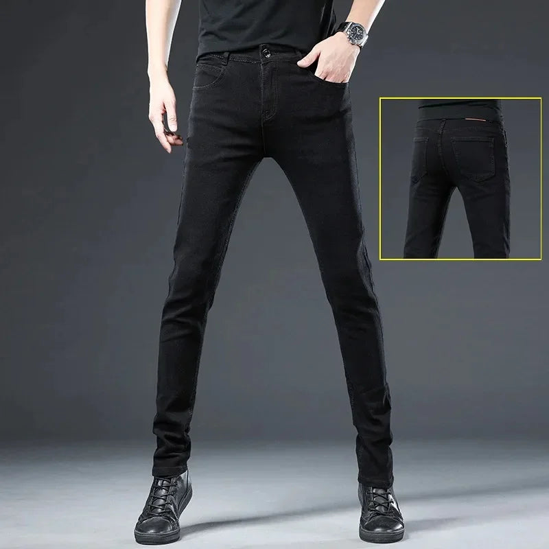 Slim Fit Men's Jeans Casual Elastic Korean Style Autumn Grey Trendy Long Pants Versatile Slim Legged Casual Trousers