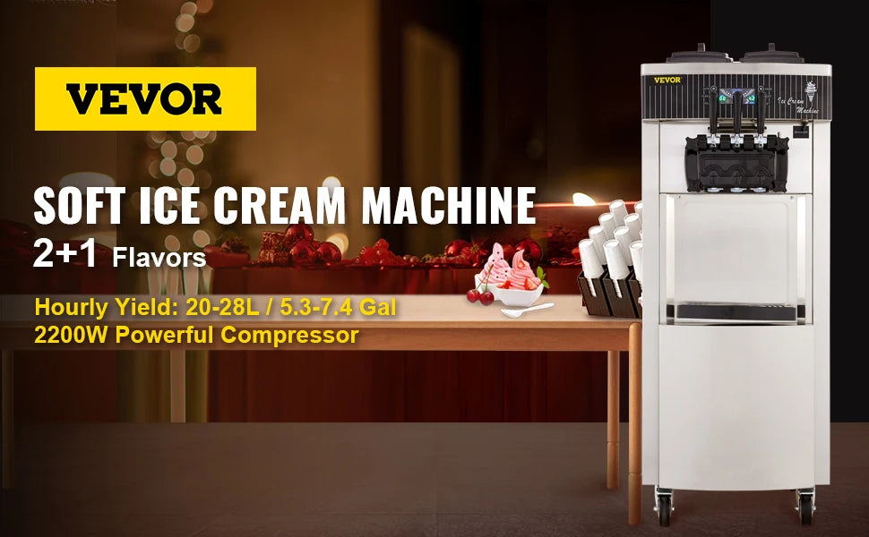 VEVOR Commercial Soft Ice Cream Machine,2200W 3 Flavors Ice Cream Maker,5.3 to 7.4 Gal per/H Auto Clean LCD Panel for Restaurant.