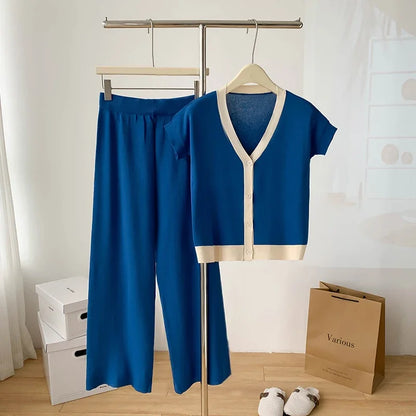 Fashion Knitted 2 Pieces Sets Women V-Neck Single Breasted Cardigan+High Waist Wide Leg Long Pants 2024 New Solid Sweater Suits.