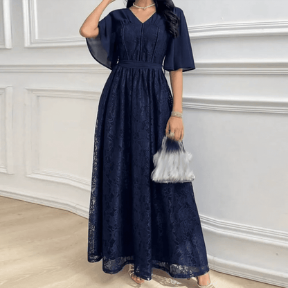 Maßgeschneiderte A-Linie-Abschlussballkleider, knöchellang, V-Ausschnitt, halbe Ärmel, Abendkleid, schlichtes, modisches, mit Spitze drapiertes, rückenfreies Partykleid.