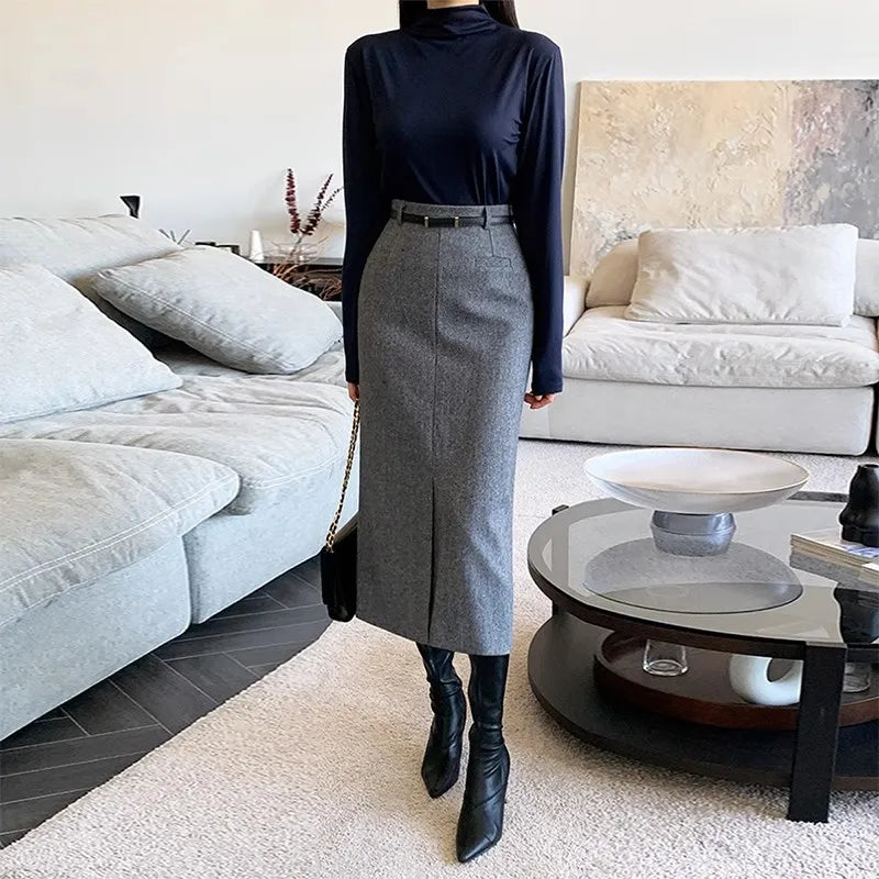 Gray Pencil Skirts Belted Elegant Women Slim Office Ladies Casual A-Line High Waist Split Midi Skirt Autumn Winter.