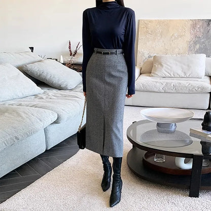Gray Pencil Skirts Belted Elegant Women Slim Office Ladies Casual A-Line High Waist Split Midi Skirt Autumn Winter.