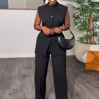 Women Wide Leg Pant Sets Two Piece Set Black Shirt Top & Cuffed Pants Set Suit Loose O Neck High Waist Elegant Trousers Suits.