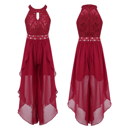 Sommer Mädchen Ärmellosen Chiffon Maxi Kleid Shiny Perlen Spitze Gebaut-in Shorts Party Kleid für Hochzeit Geburtstag Dance Leistung.