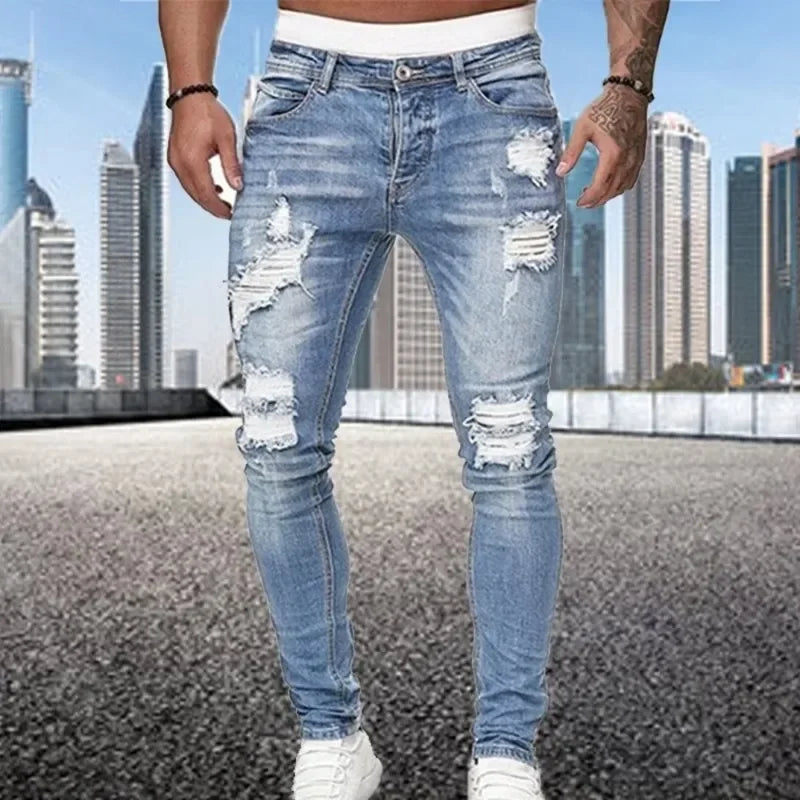 2024 New Retro Ripped Pencil Small Foot Skinny Jeans for Men Motorcycle Streetwear Stretch Straight Casual Slim Jeans Male.