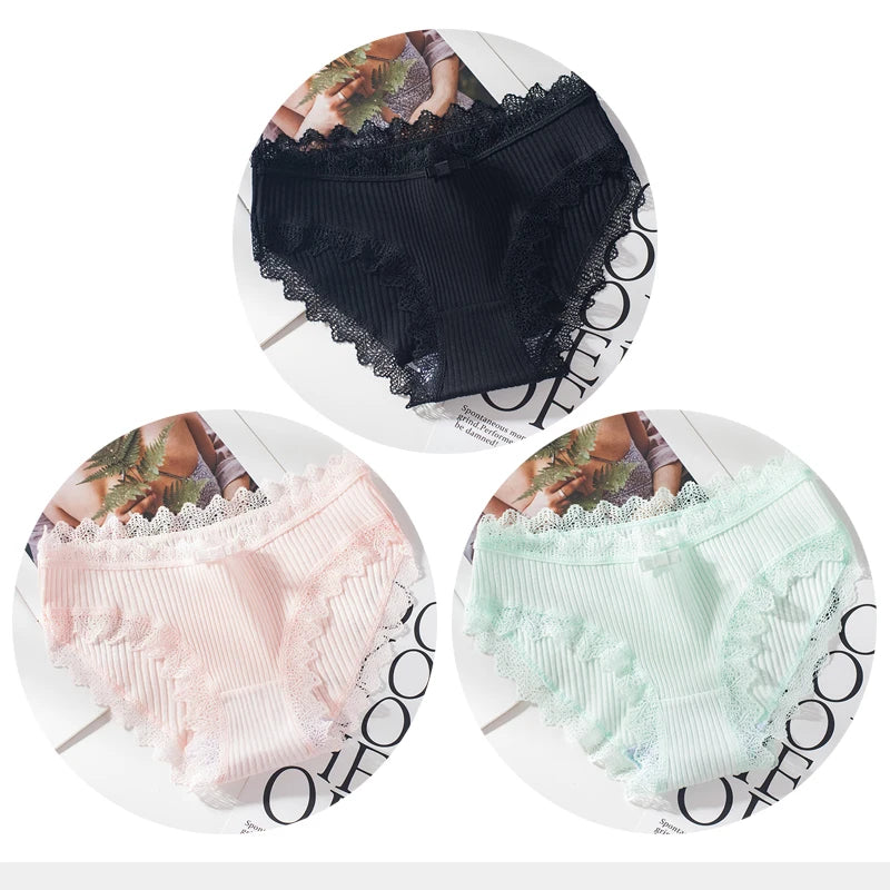 Cotton Panties Woman Sexy Lace Briefs Fashion Solid Color knickers Girls Bow Underpants Set Underwear 3 Pcs/lot.
