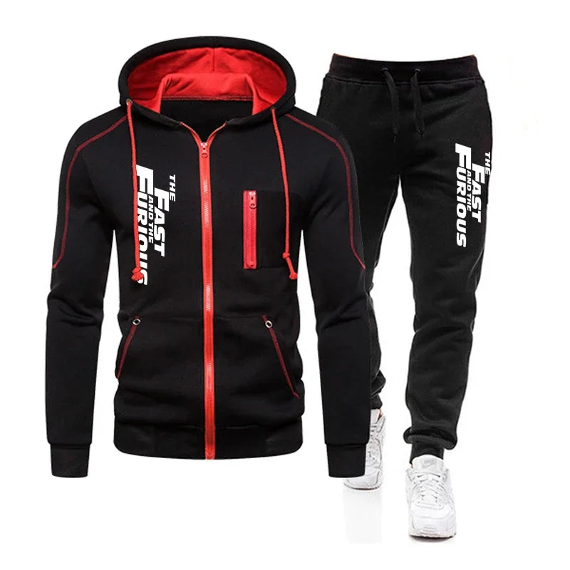 Autumn Winter Popular Mens Tracksuit Zipper Hooded Jacket+Running Pants 2 Piece Set Fast and Furious Print Casual Coat Clothing.