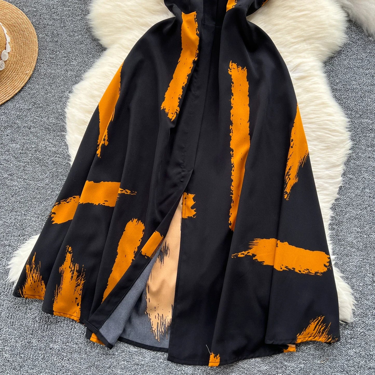 Neue Sommer Druck Süße Kleid Träger O Neck Backless Split Elegante Damen Urlaub Strand Party Midi Sommerkleid