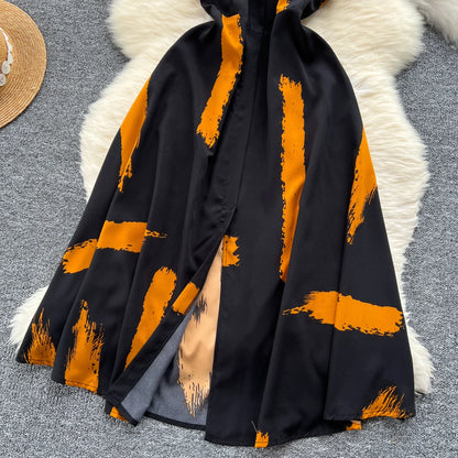 Neue Sommer Druck Süße Kleid Träger O Neck Backless Split Elegante Damen Urlaub Strand Party Midi Sommerkleid