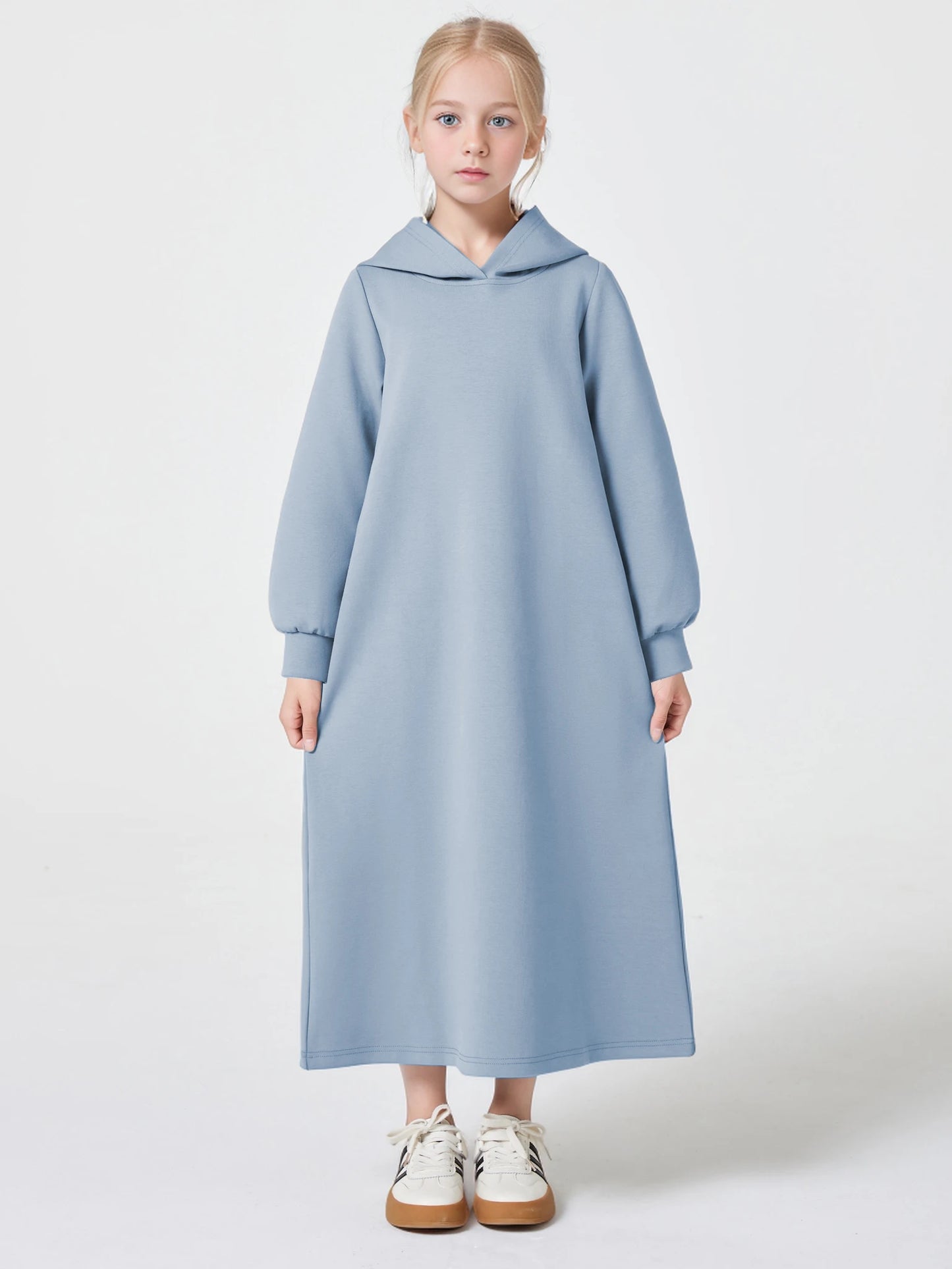 Ramadan kebaya Muslim Girls Abaya Middle East Autumn and winter solid color warm hoodie V-neck Hooded Loose Kids Kebaya Dress.