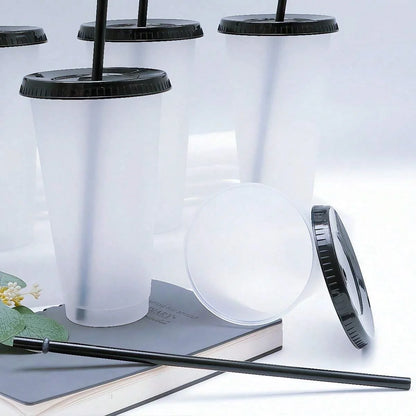 5pcs 24oz Transparent Reusable Tumblers With Black Lids and Straws Iced Coffee Water Bottle Cold Smoothie Cups For Parties Drink.