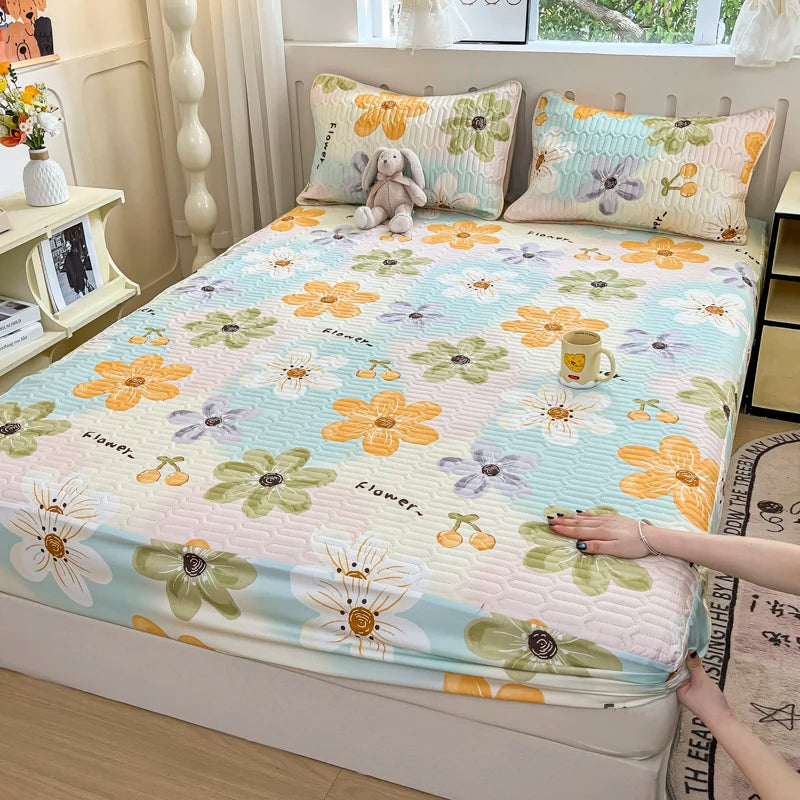 Thicken Bed Cover Waterproof Mattress Protector Elastic Bedspread Printed Bed Linen for Home 매트리스 커버 (No Pillowcase)