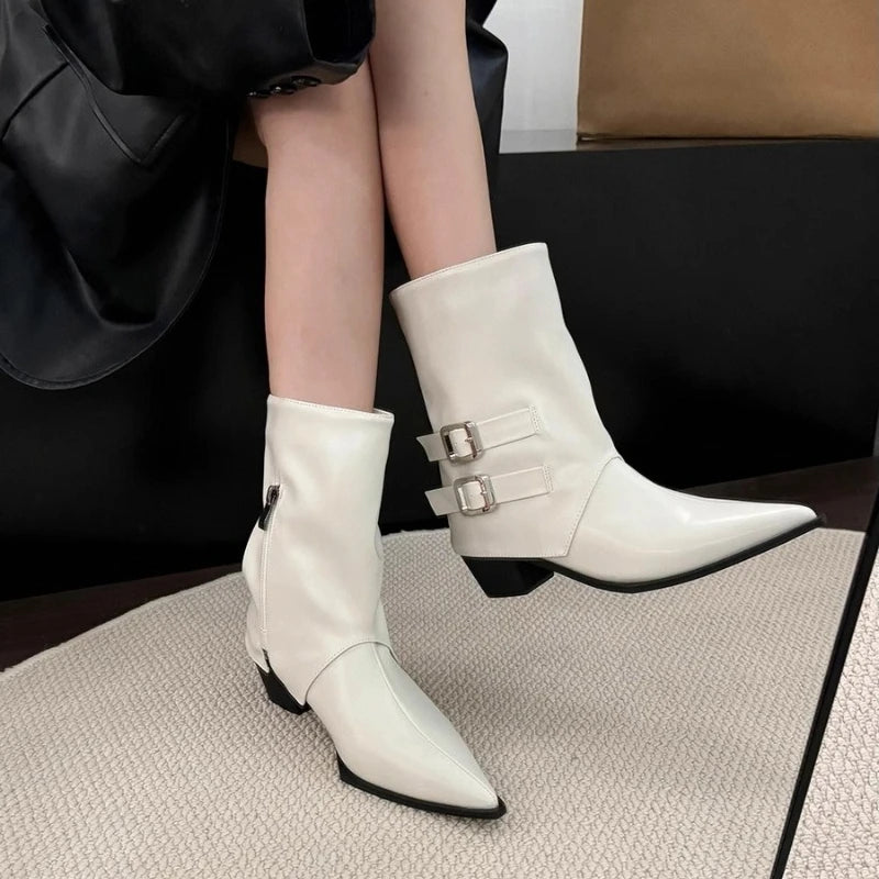 Winter Pointed Toe Thick Heel Women Ankle Boots Elegant Back Belt Buckle Slip On Shoes Street Style Party Short Botas Mujer.