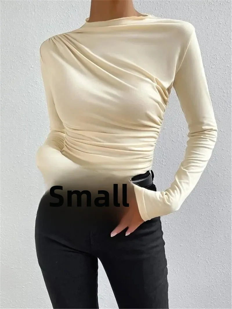 Slim Fit Long Sleeve Women's T-shirt Pure Color Design Pleated Detail Base Shirt Ladies Top Quality Material Comfortable Wear.