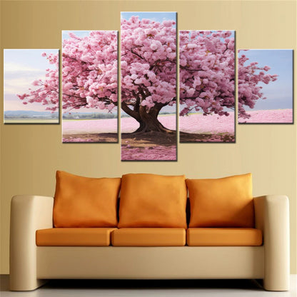5 Piece HD Printed Home Decor Canvas Art Blossoming Pink Flowering Tree Painting Modular Wall Picture for Room Salon Decoration.