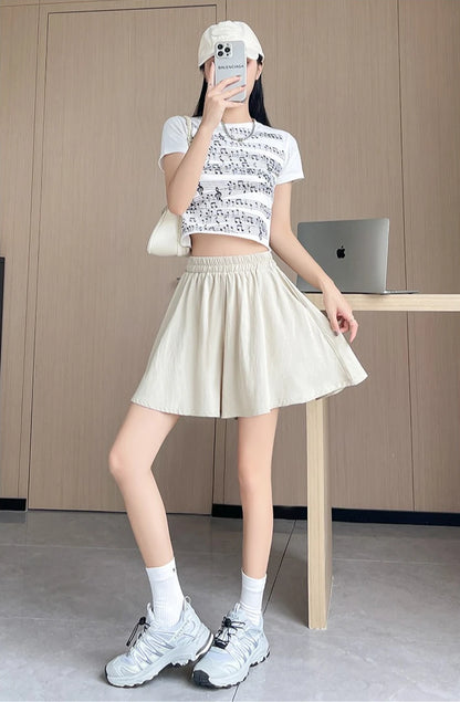 Women Quick Dry Sporty Short Pants Summer Thin Pleated Shorts Skirts High Waist A- Line Five Quarter Pants Cool Wide Leg Pants.
