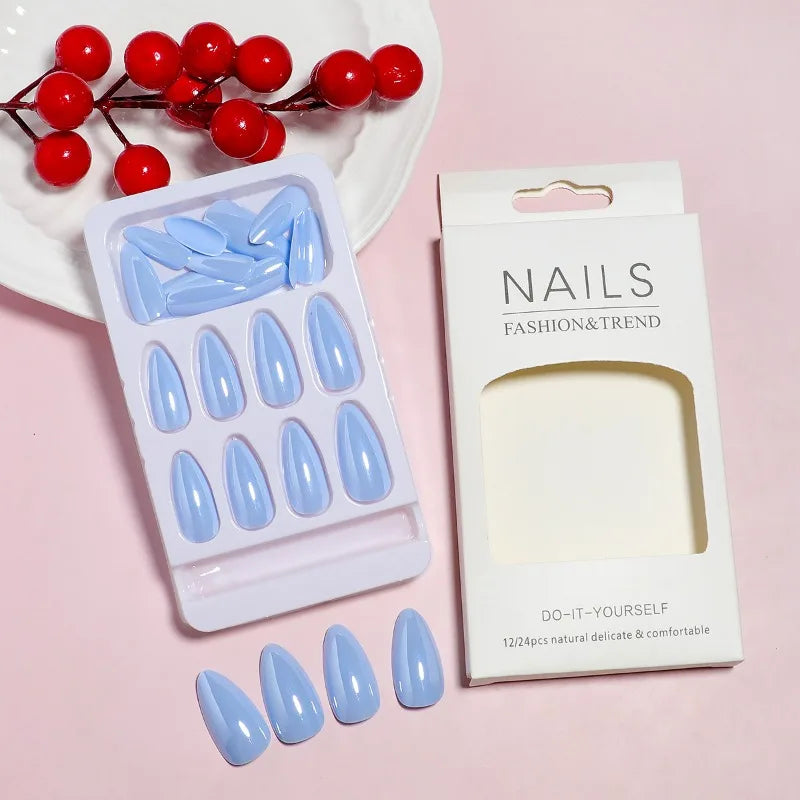 24pcs Blue Glossy Almond Press on Nails Long Girls Reusable Adhesive Artificial False Nails Cheap Acrylic Full Cover Nail Tips.