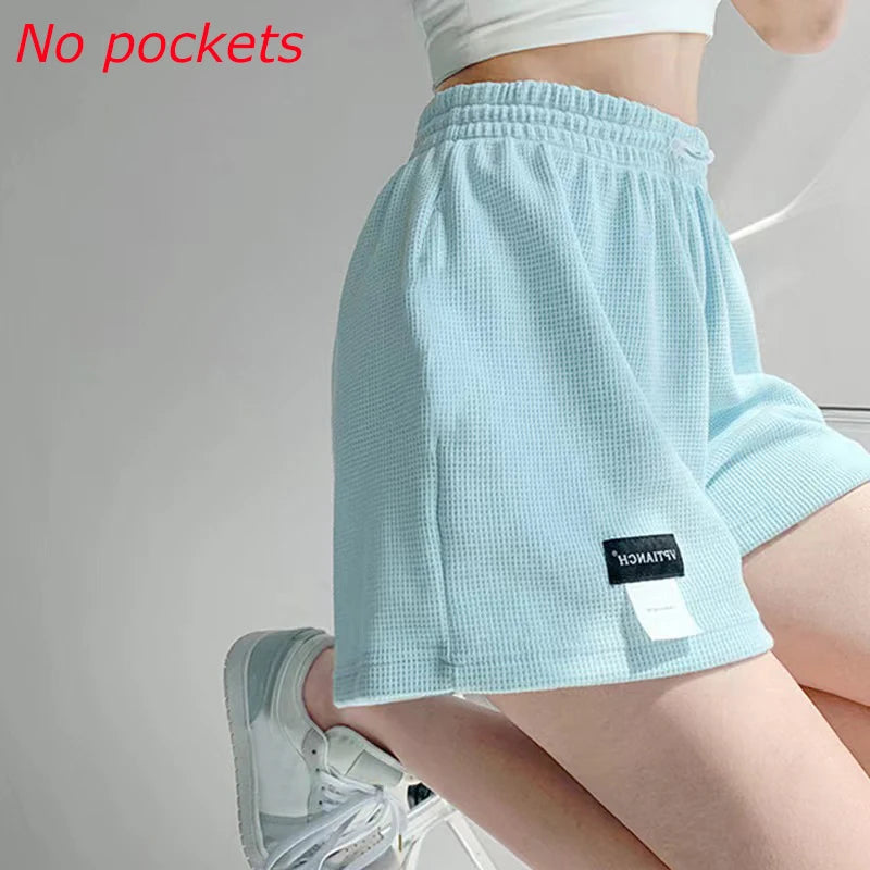 2025 Waffle Women's Shorts High Waist Black Shorts Casual Aesthetic Elastics Hot Pants Loose Summer Women's Clothing Bottoms