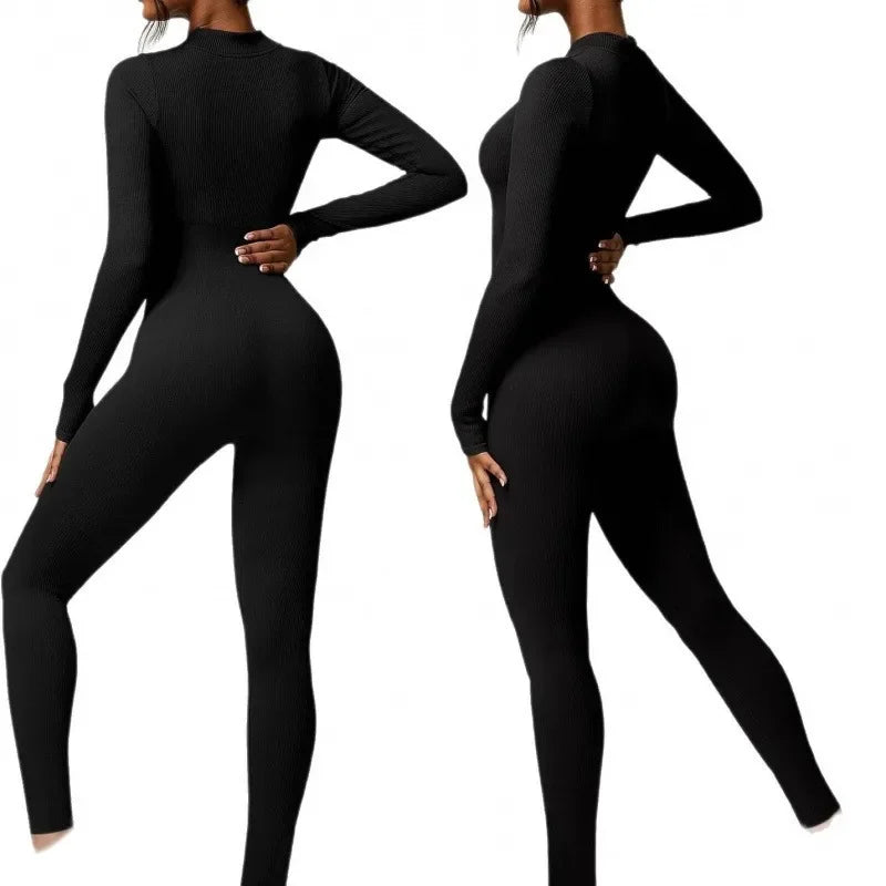 Seamless Long Sleeve Yoga Suit One-Piece Tightening Fitness Leisure Sports Jumpsuit with Zipper for Women.