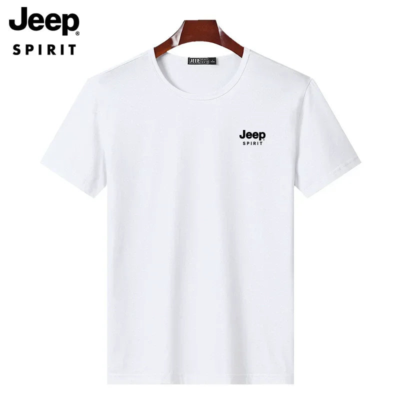 JEEP SPIRIT Mens T-shirt Summer 100%Cotton 230g Heavy Print Sports Breathable Round Neck Top Loose Solid Short Sleeve.