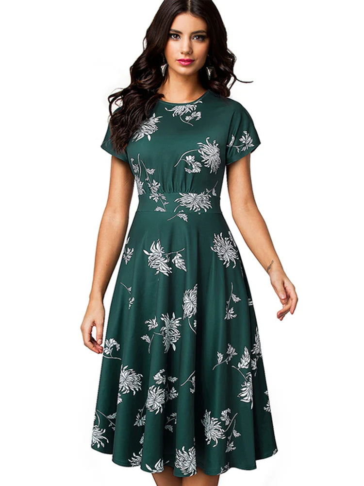 Nice-forever Vintage Elegante Blumen Druck Plissee Rundhals vestidos A-Line Pinup Business Party Frauen Flare Swing Kleid A102.