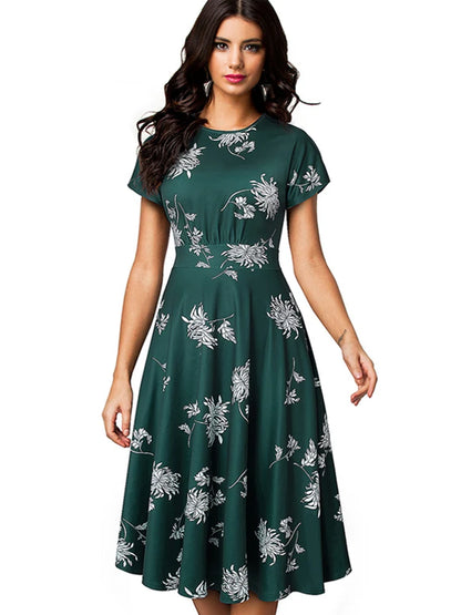 Nice-forever Vintage Elegante Blumen Druck Plissee Rundhals vestidos A-Line Pinup Business Party Frauen Flare Swing Kleid A102.
