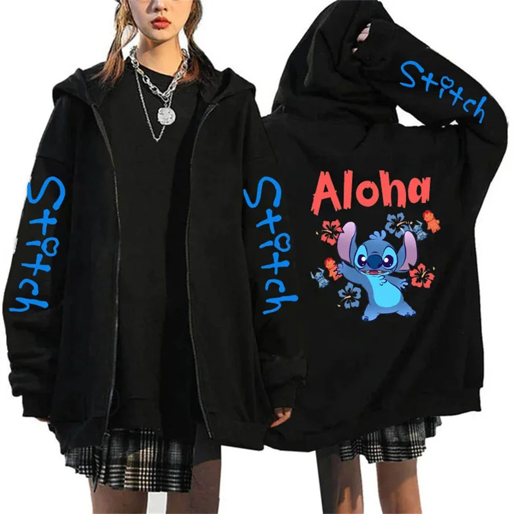 Men's and women's Lilo Stitch hooded jackets, Bonita Harajuku anime, cartoon Gothic streetwear, women's zippered sweaters.