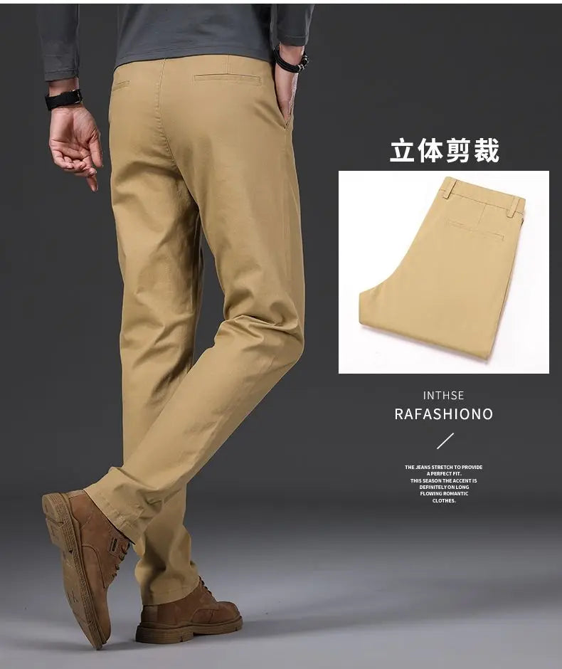 Cotton Men's Casual Pants Straight Stretch Trouser Male Fashion Slim Business Dress Golf Office Spring Autumn Khaki Black Formal