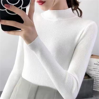 Mode Mock Neck Gestrickte Pullover Frauen Herbst Winter Neue Feste Vintage Grundlegende Tops Koreanische Dünne Rippen Pullover Casual Innere Top